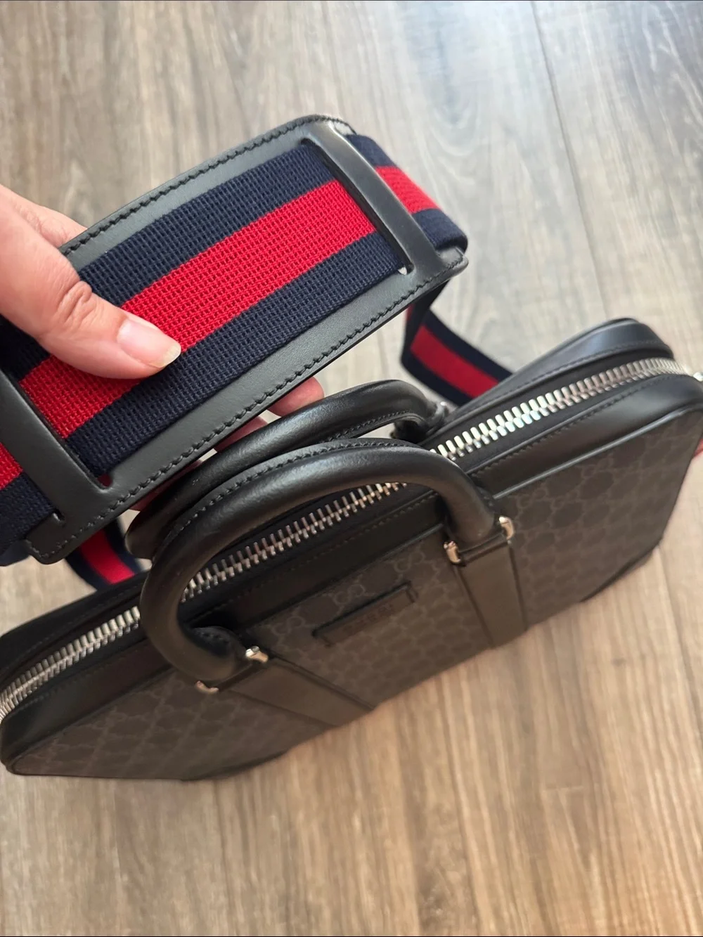 Gucci Men's Black-Gray GG Supreme Laptop Briefcase with Red-Blue Web Strap